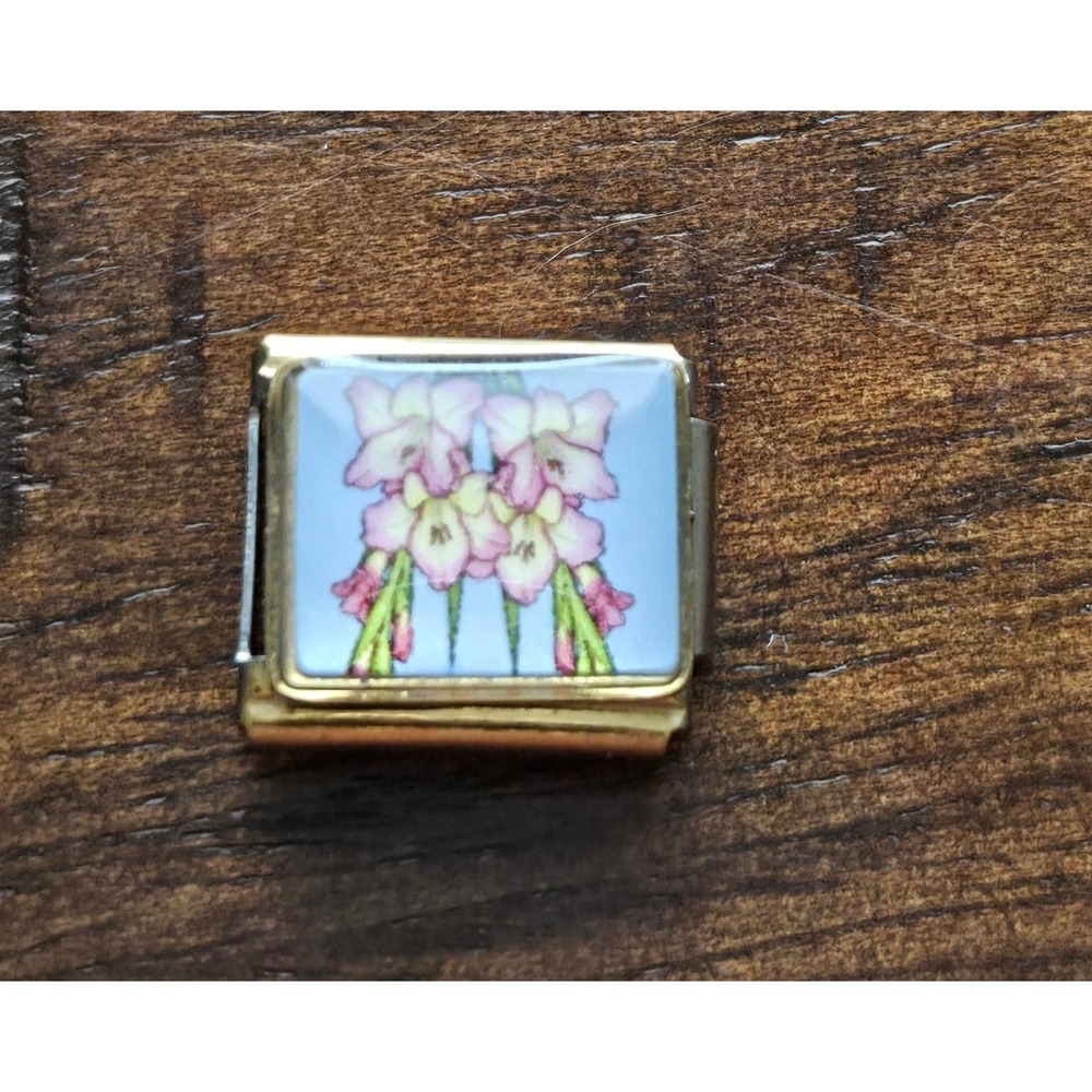 Gold Tone Stainless Steel Italian Charm Link Pink Flowers Blue 9mm